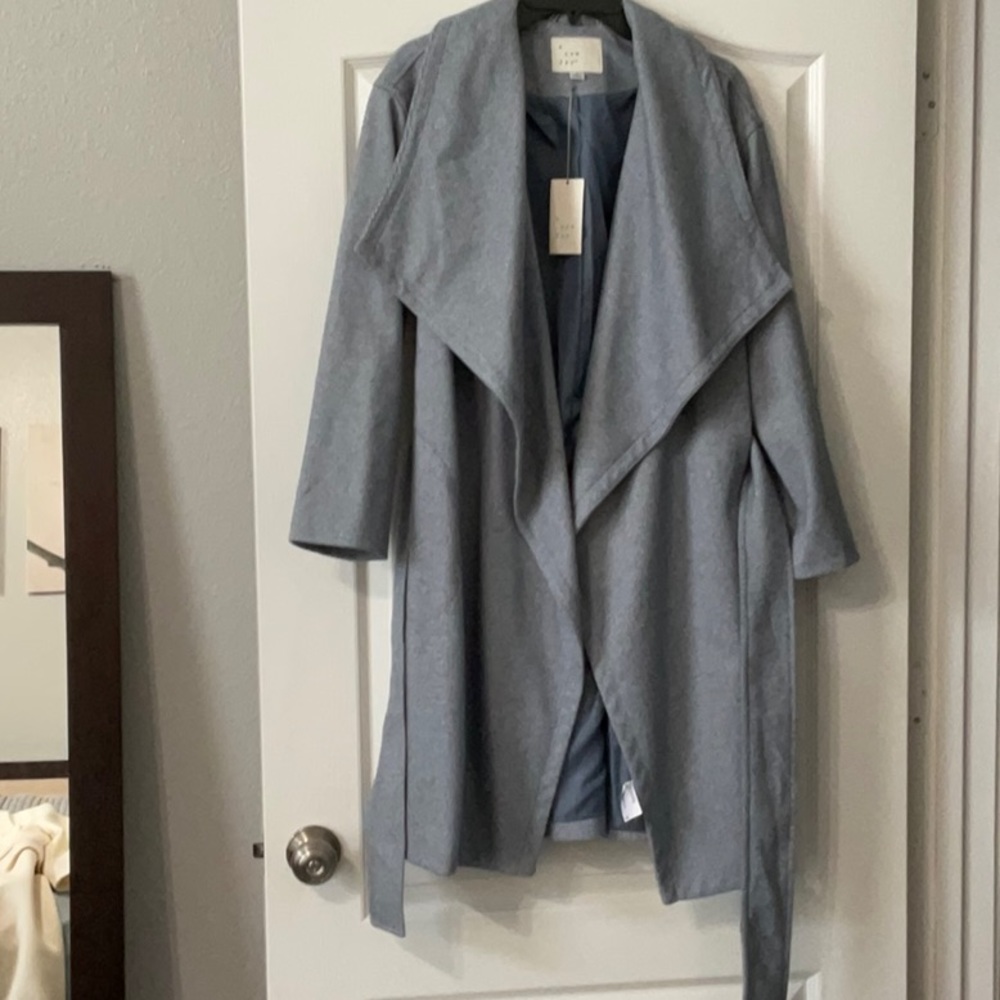A New Day Blue Denim trench Coat Jacket Wide Collar Belt S New